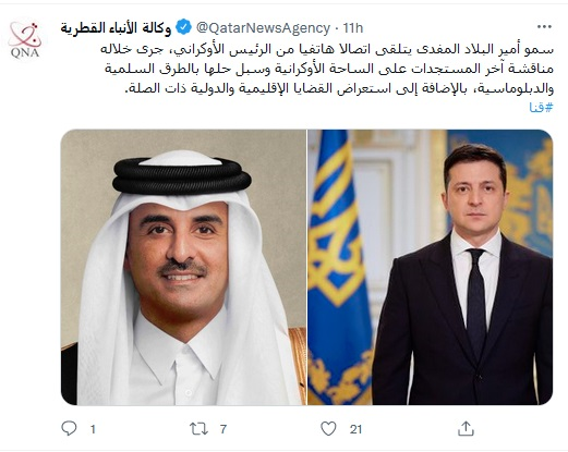 گفت‌وگوی تلفنی امیر قطر و رئیس جمهور اوکراین
