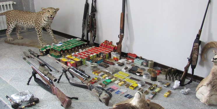 دستگیری شکارچی با ۸ سلاح غیر مجاز در کرمان/کشف یک قلاده پلنگ تاکسی‌درمی از مخفیگاه