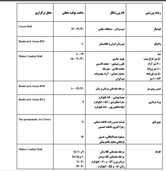برنامه مسابقات ایران در بازی‌های کشورهای اسلامی