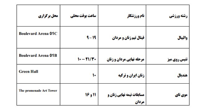 برنامه مسابقات ایران در بازی‌های کشورهای اسلامی
