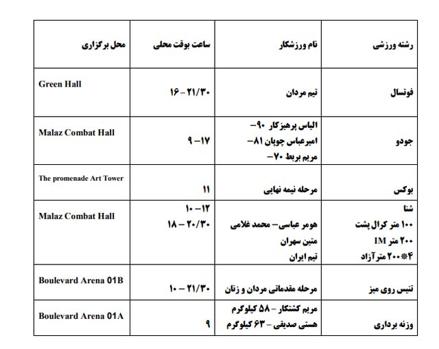 برنامه مسابقات ایران در بازی‌های کشورهای اسلامی