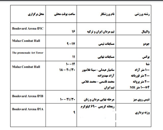 برنامه مسابقات ایران در بازی‌های کشورهای اسلامی