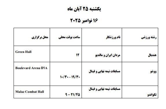 برنامه مسابقات ایران در بازی‌های کشورهای اسلامی