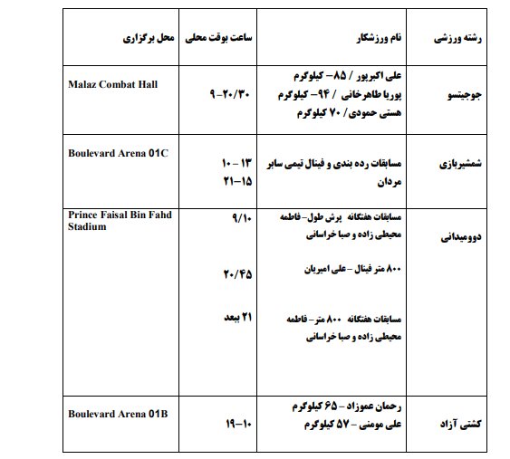 برنامه مسابقات ایران در بازی‌های کشورهای اسلامی