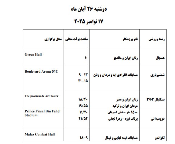 برنامه مسابقات ایران در بازی‌های کشورهای اسلامی
